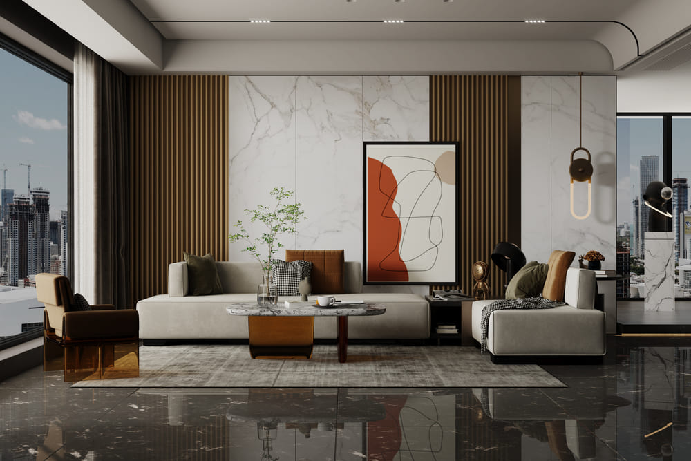living room with wpc marble wall panel