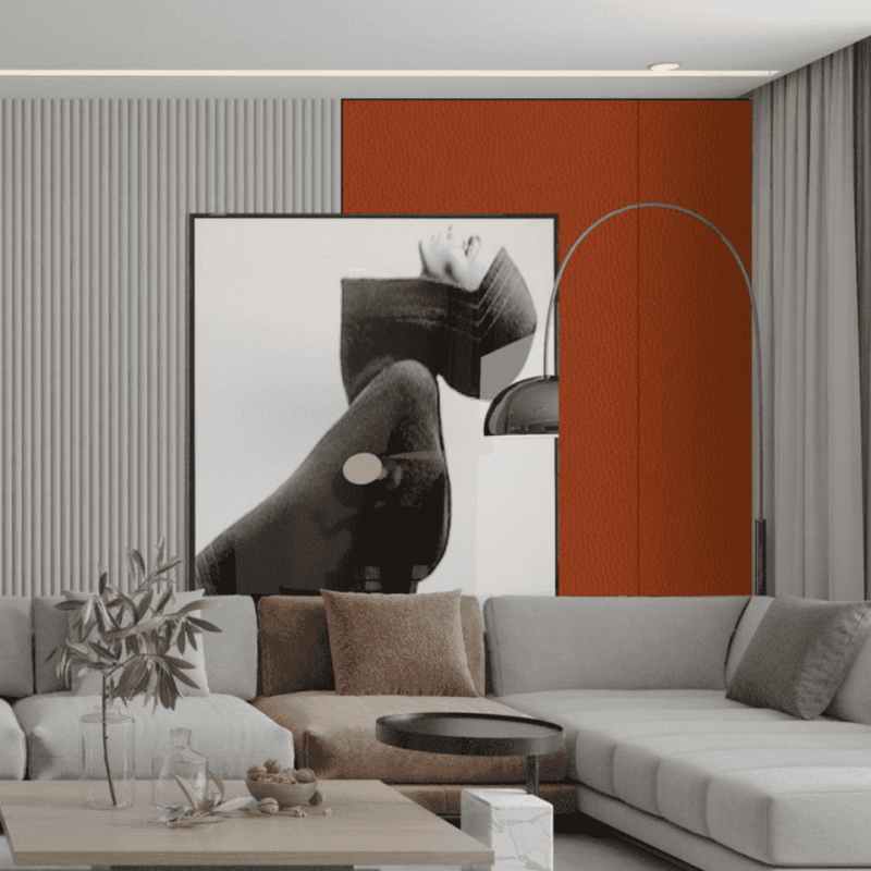 Large WPC wall panel with a solid core and Hermes Orange Leather coating.